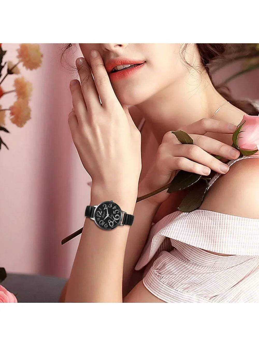 Women's All Black Analog Quartz Big Numbers Easy Reader Stretch Band Wrist Watch